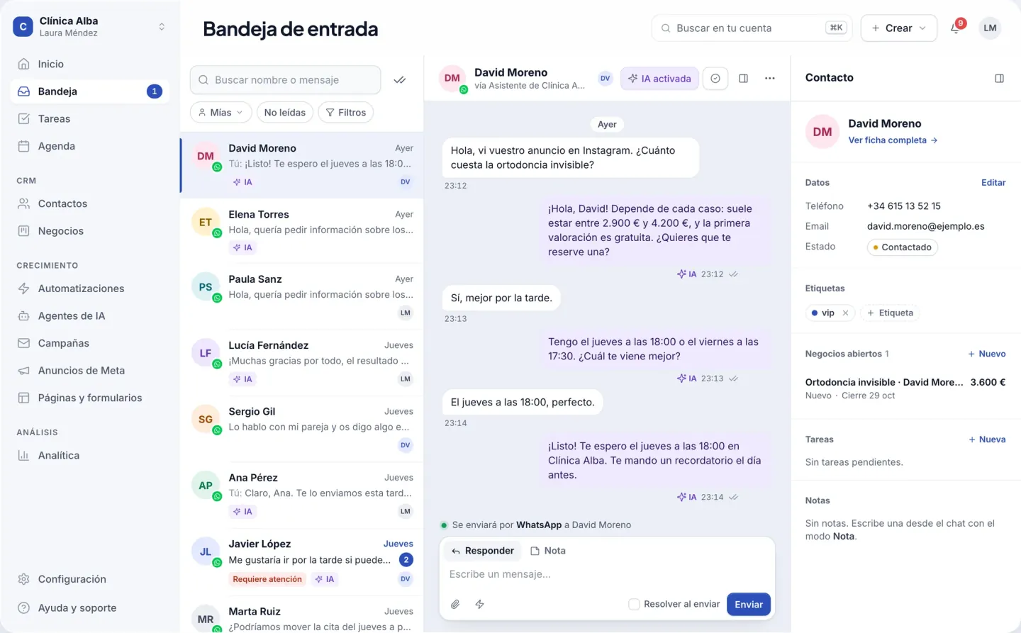 Bandeja de Keddly: la IA responde a un cliente que llegó desde un anuncio de Instagram y le reserva una cita